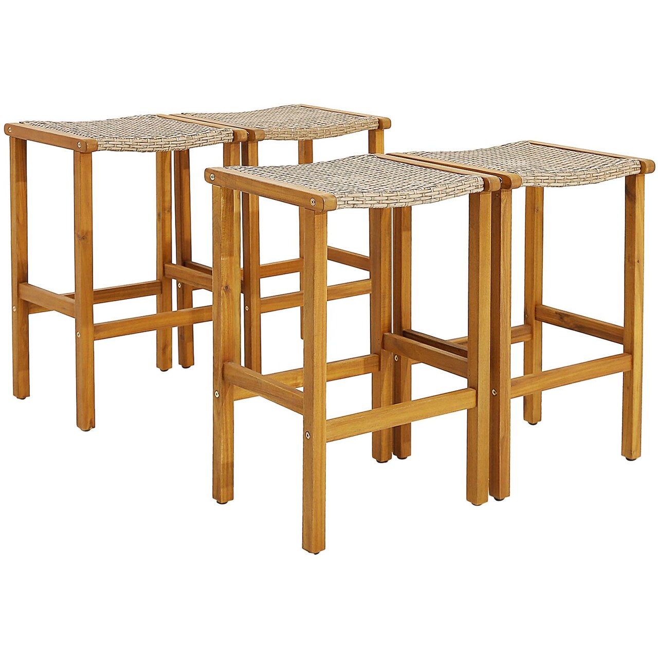 Costway 2PCS/4PCS Patio PE Wicker Bar Stools with Acacia Wood Frame Bar Height Chairs Poolside